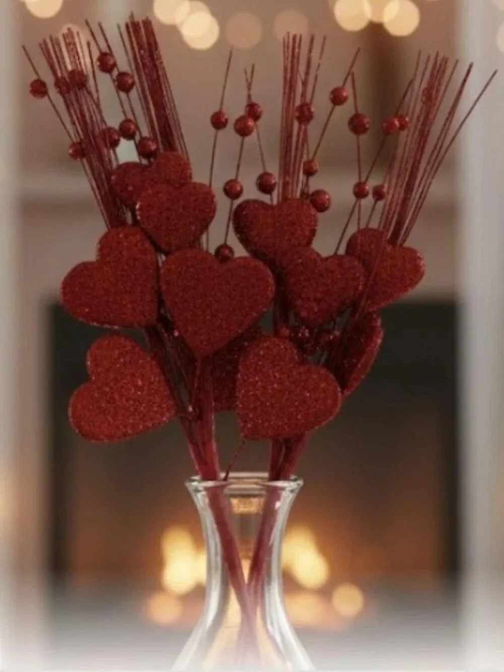 Red Glitter Heart Spray Valentine's Mother's Day Stem Craft Supplies Pick